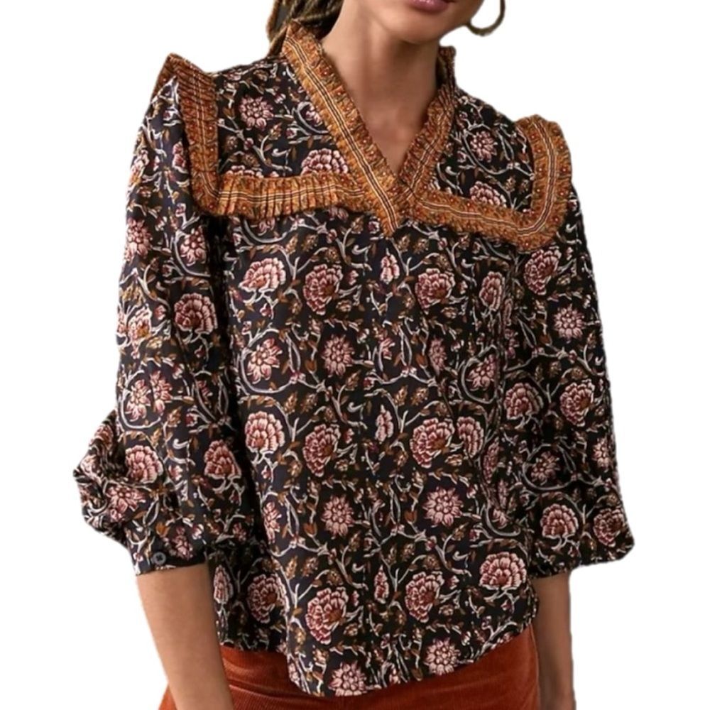 Anthropologie Othilia Sera Black Ornate Floral Ruffle Trim Blouse Womens Size XS